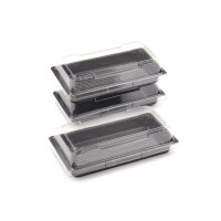 100-600 Stück Sushi-Schalen mit Deckel, Nr. 410 (170×90×17 mm), schwarz/transparent