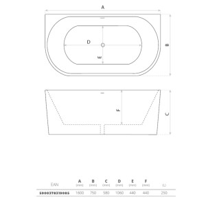 Vorwand-Badewanne CALDERA 1600, ovale Innenform (1600×750×580 mm), 250 Liter, glänzend, weiß