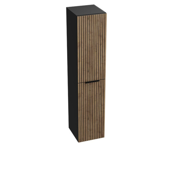 Bad Hochschrank OKLAHOMA WOOD BLACK 300 mit 2 Türen, Griffleisten schwarz, wandhängend (250×300×1400 mm), braun/schwarz