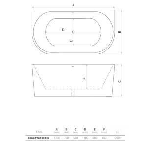 Vorwand-Badewanne CALDERA 1700, ovale Innenform (1700×750×580 mm), 260 Liter, glänzend, weiß