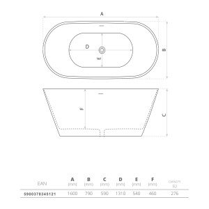 Freistehende Badewanne MIJAS, oval (1600×790×590 mm), 276 Liter, glänzend, weiß