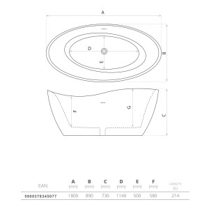 Freistehende Badewanne REUS BLACK, oval (1800×890×730 mm), 214 Liter, matt/glänzend, schwarz