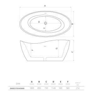 Freistehende Badewanne REUS WHITE, oval (1800×890×730 mm), 214 Liter, glänzend, weiß