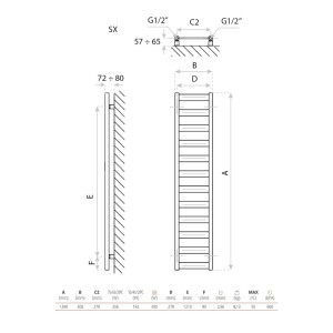 Badheizkörper HERMES BLACK 1390  für Mischbetrieb, Anschluss beidseitig, unten (300×1390 mm), matt, schwarz