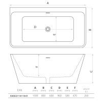 Vorwand-Badewanne MENSOLA 1500, rechteckig (1500×800×600 mm), 265 Liter, glänzend, weiß