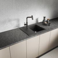 Einbauspüle CHICHI aus Granit mit kleiner Abtropffläche (48 × 58 cm), 1 Becken, schwarz, matt
